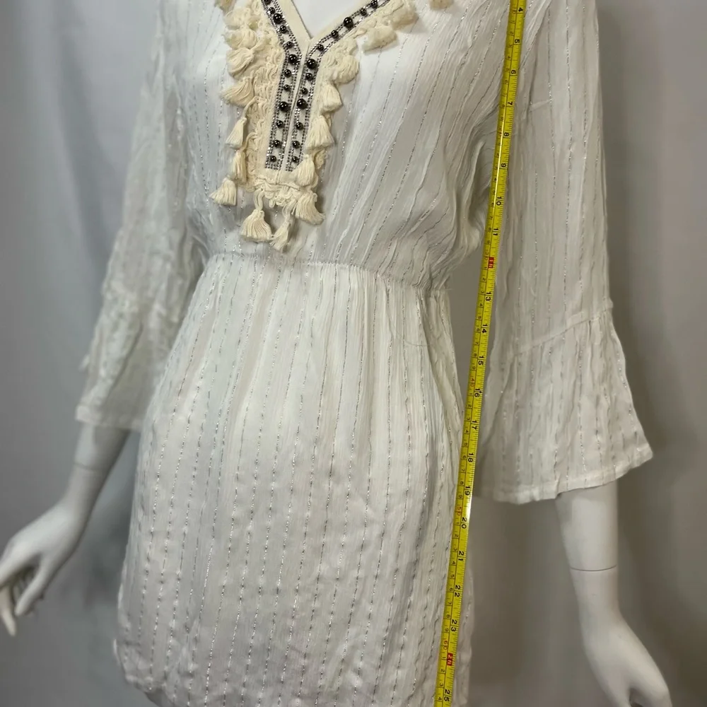 CYN White Boho Tassel Dress Coverup Top with silver shine detail